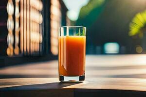 a glass of orange juice sitting on a table. AI-Generated photo