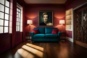 a room with a blue couch and a painting on the wall. AI-Generated photo
