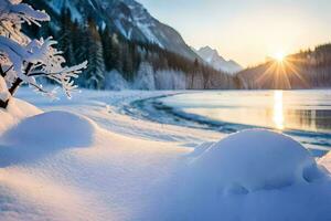 snow covered trees and the sun setting over a lake. AI-Generated photo