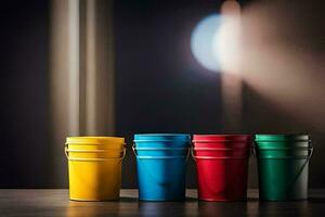 four colorful buckets on a table. AI-Generated photo