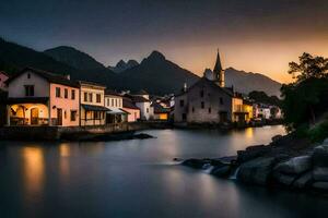 photo wallpaper the sky, water, mountains, river, houses, sunset, the village, the. AI-Generated