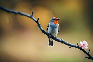 a bird sitting on a branch with a flower. AI-Generated photo