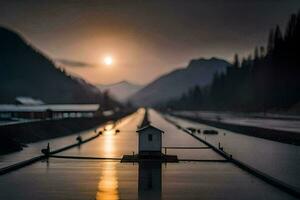 a small house sits on the edge of a river. AI-Generated photo