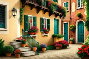 a colorful street with potted plants and flowers. AI-Generated photo