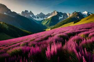 the sun shines on a field of purple flowers in the mountains. AI-Generated photo