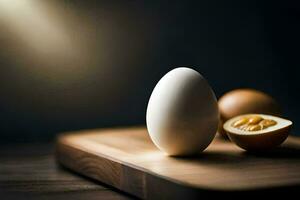 eggs and a half of a boiled egg on a cutting board. AI-Generated photo