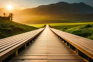 a wooden walkway leads to the sun. AI-Generated photo