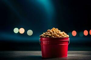 a red bucket filled with peanuts on a table. AI-Generated photo