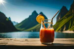 un vaso de jugo con un Paja sentado en un de madera mesa en frente de un lago. generado por ai foto