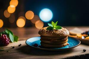 a hamburger on a plate with berries and cheese. AI-Generated photo