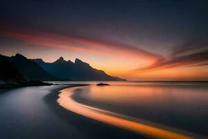 the sun sets over the ocean and mountains. AI-Generated photo