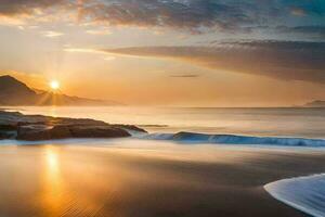 puesta de sol terminado el Oceano con olas estrellarse dentro el costa. generado por ai foto