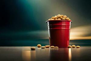 a red cup filled with peanuts on a table. AI-Generated photo