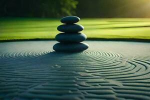 a stack of stones on top of a pond. AI-Generated photo