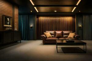 the home cinema room is dark and has leather couches. AI-Generated photo