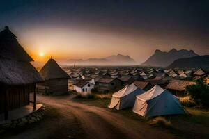 a village at sunset with thatched huts. AI-Generated photo