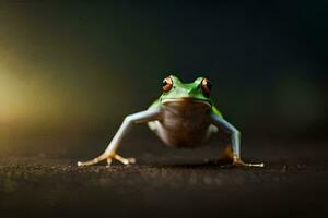 a frog is standing on the ground with its eyes open. AI-Generated photo