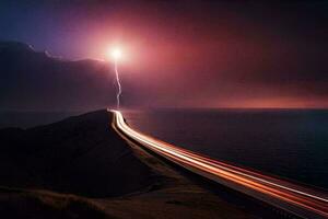 lightning bolt over the ocean and a road. AI-Generated photo