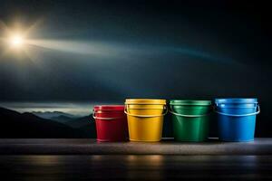 four colorful buckets on a table with a sun in the background. AI-Generated photo