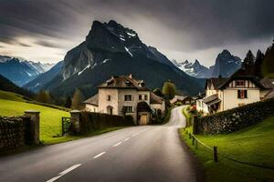 un la carretera en el montañas con casas y montañas en el antecedentes. generado por ai foto