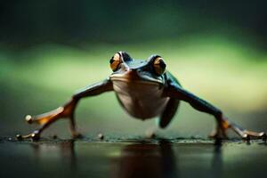 a frog with its legs spread out on the ground. AI-Generated photo