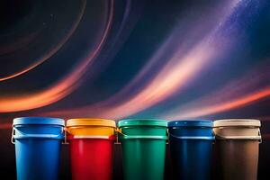 a row of colorful trash cans against a dark background. AI-Generated photo