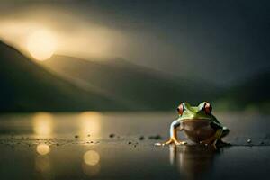 a frog sitting on the ground in front of a lake. AI-Generated photo