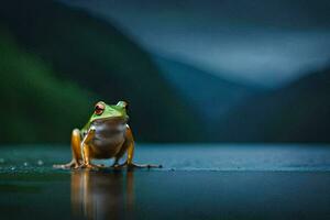 a frog sitting on the edge of a lake. AI-Generated photo