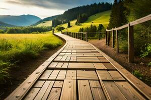 wooden path in the mountains. AI-Generated photo