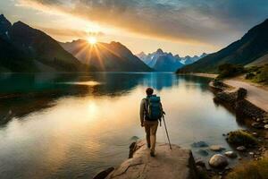 el hombre es en pie en el borde de un lago a puesta de sol. generado por ai foto