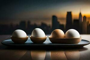 three eggs in a bowl on a table with cityscape in the background. AI-Generated photo