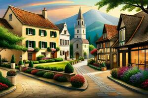 a painting of a village street with houses and trees. AI-Generated photo