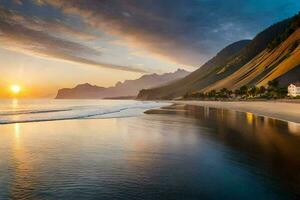 the sun sets on the beach in the faroe islands. AI-Generated photo