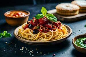 spaghetti with tomato sauce and basil leaves on a dark table. AI-Generated photo