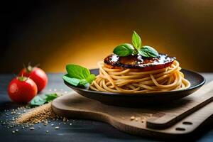 spaghetti with meat and tomatoes on a wooden board. AI-Generated photo