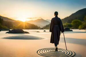 a man in a robe walking on the beach with a circular pattern. AI-Generated photo