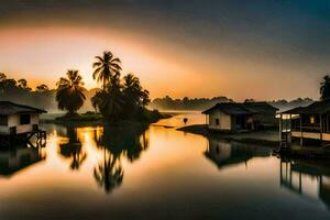 a beautiful sunrise over a river with houses and palm trees. AI-Generated photo