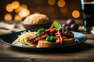 a plate of food with spaghetti and meat on a wooden table. AI-Generated photo