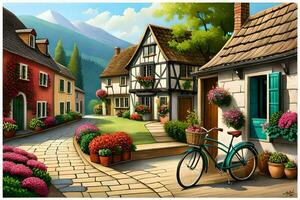 un pintura de un pueblo calle con un bicicleta. generado por ai foto