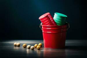 a red bucket with nuts and a red lid. AI-Generated photo