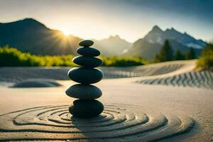 a stack of rocks in the sand with mountains in the background. AI-Generated photo