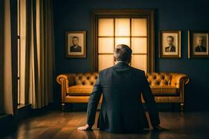 a man in a suit sitting on the floor in front of a window. AI-Generated photo