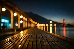 a wooden walkway along the water with lights on it. AI-Generated photo