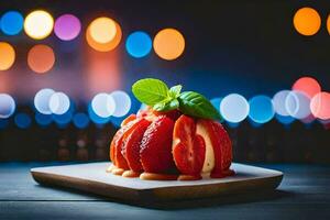 a strawberry dessert on a plate with lights in the background. AI-Generated photo