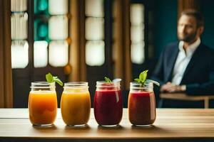 a man in a suit sits in front of four different juices. AI-Generated photo