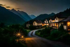 photo wallpaper the sky, mountains, road, house, light, the night, the mountains,. AI-Generated