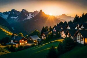 the sun sets over a mountain village in the alps. AI-Generated photo