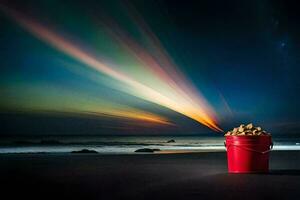 a bucket of nuts on the beach with a rainbow light. AI-Generated photo