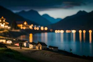 un pequeño pueblo es iluminado arriba a noche. generado por ai foto
