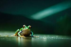 a frog sitting on the ground in the dark. AI-Generated photo